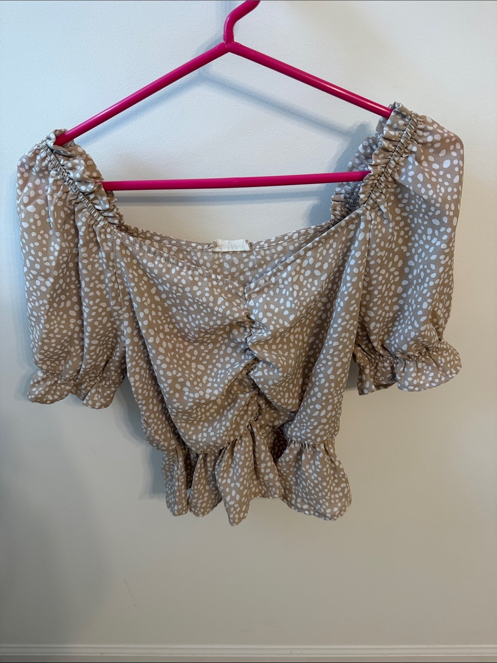 Altar'd State Taupe and White Ruffle Front Puff Sleeve Blouse